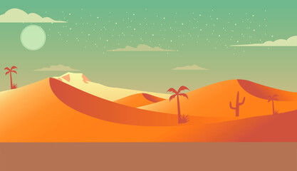 Landscape of a moroccan Sahara with clouds, sun and palm tree illustration. western sahara vector.