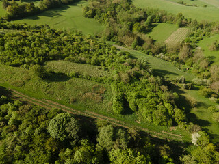 aerial drone flight over green meadows and forest in lower austria