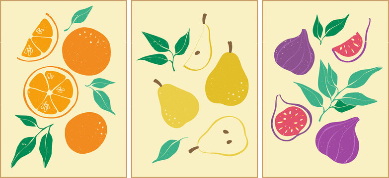 Fruits in a flat style. Set of posters with oranges, pears and figs. Natural organic food. A set of healthy food from local farmers. Healthy organic vegan food.