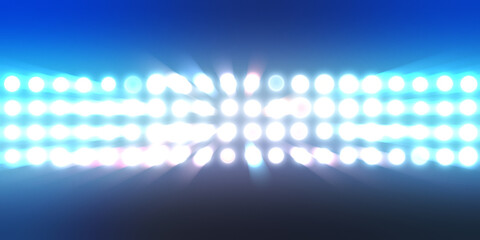 Glowing pattern wallpaper. Glamour background of colorful lights with spotlights. Shining lights party leds on black background. Digital illustration of stage or stadium spotlights.