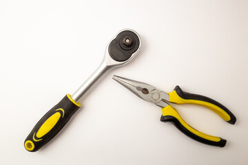 Construction tools, wrench heads on white background
