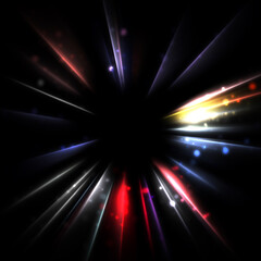 Pretty background of crossing beams of light and glowing particles. Wallpaper of vibrant colorful lights. Shinny light display.