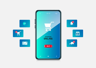 Various online shopping icons pop up around the smartphone with a blue screen,vector 3d isolated on white background for shopping online advertising concept design