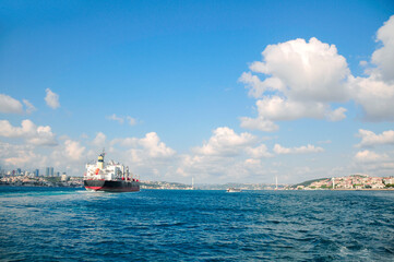 A cargo ship passing through the Bosphorus.