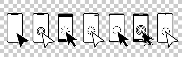 Hand touch screen smartphone vector icons.Hand click.Smartphone simple line icon.Click on the smartphone.Touch screen display.Cursor clicking.