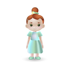 Vector 3d illustration, the girl in dress with red hair, green eyes, hairstyle one bun. Avatar, icon for the application. Kawaii smiling cartoon character.Suitable for children's products, books