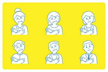 腕組みをして困っているいろいろな人7　高齢者と若者　線画