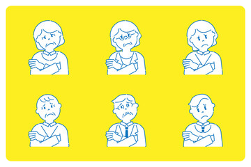 腕組みをして困っているいろいろな人8　高齢者と若者　線画