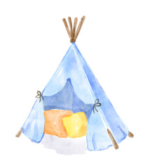 Watercolor blue wigwam with pillows. Hand-drawn illustration isolated on the white background