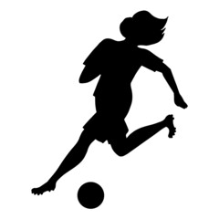 Silhouette of beautiful running woman soccer player. Black color silhouette contour of a sports girl isolated on white background. Vector illustration.