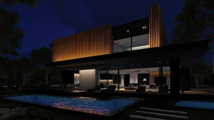 4K video rendering of modern cozy house with parking and pool for sale or rent with wood plank facade and beautiful landscaping on background. Fly-walk with light on