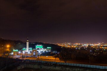 Fototapeta na wymiar Ukraine, Kyiv – November 26, 2016: Aerial panoramic view on Ar-Rahma Mosque. Central and historical part of Kyiv city, residential area in the evening. Podil region.