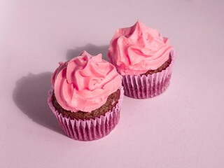 Two cupcakes on a pink background with a cap of pink cream