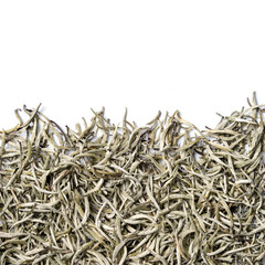Baihao Yinzhen. White Tea Silver needles on white background. Top view. Close up. High resolution