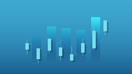 Financial business statistics with bar graph and candlestick chart with uptrend arrow show stock market price and effective earning on blue and green background