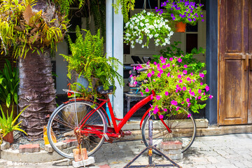 Bicycle with flower pots as a decoration for the exterior of the building