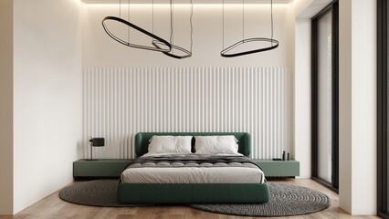 Bedroom rendering with green bed