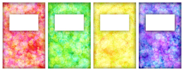 Set of colored backgrounds with bokeh effect in white rectangular frames with signs for text.