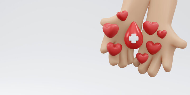 3D Rendering of hand holding blood drop with red cross sign background, banner, card, poster concept of world blood donation day. 3D Render illustration cartoon style.