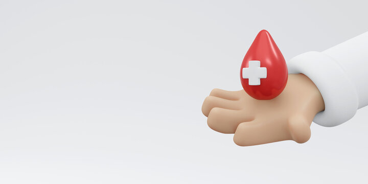 3D Rendering of hand holding blood drop with red cross sign background, banner, card, poster concept of world blood donation day. 3D Render illustration cartoon style.