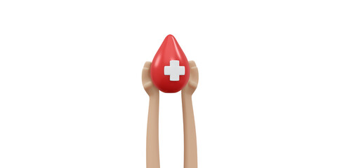 3D Rendering of hand holding blood drop with red cross sign background, banner, card, poster concept of world blood donation day. 3D Render illustration cartoon style.
