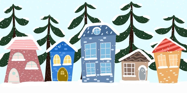 Drawn cartoon multi-colored houses with windows and Christmas trees in winter under the snow. Vector image