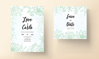 Naklejka premium Engraving hand drawn flower and leaves wedding invitation