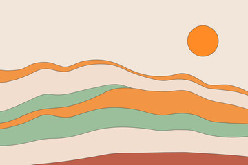 Colored lines of mountains. Small orange circle design background. Landscape composition in trendy art