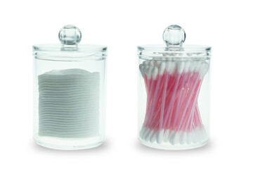 Cotton pads and cotton buds in container isolate on white background.