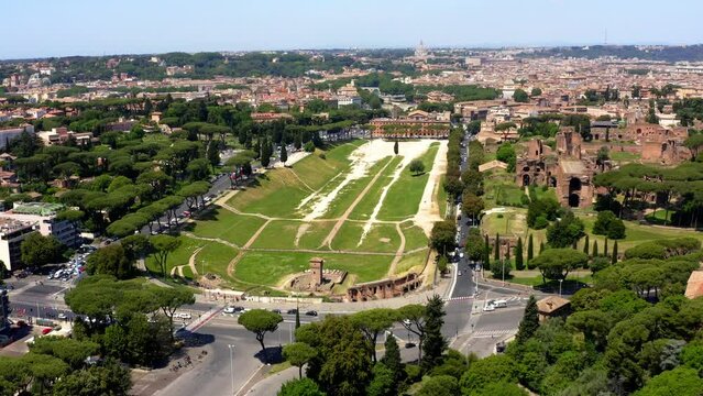 Aerial view of Circus Maximus, an ancient Roman chariot-racing stadium and mass entertainment venue in Rome, Italy. Now it's a public park but it was the first and largest stadium in ancient Rome.