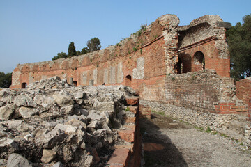 ruined ancient theater in taormina in sicily (italy) 