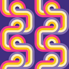 Abstract geometric background design. Vintage disco seamless pattern. Digital network communication decorative banner. Curving multicolored parallel stripes. Dynamic rainbow. Vector illustration. 