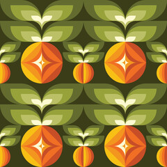 Fototapeta premium Background fruits, flowers and green leaves nature. Abstract geometric seamless pattern. Decorative ornament in flat design style. Ripe harvest banner. Floral backdrop. Organic vegetables product. 
