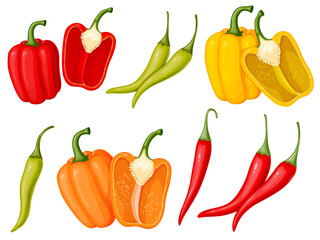 Sweet bell and chili pepper set. Illustration of vegetables in cartoon simple flat style.