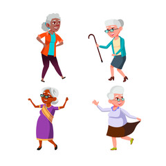 Old Women Pensioner Dancing And Resting Set Vector. Elderly Retirement Ladies Dancing And Enjoying Funny Time On Dance Floor. Characters Dancers Entertainment Flat Cartoon Illustrations