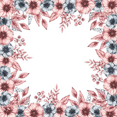 Watercolor frame wreath of flowers of anemones, berries and leaves