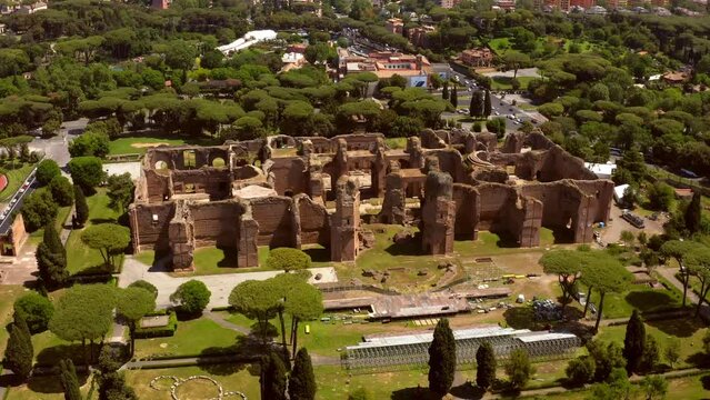 Aerial view of Baths of Caracalla located in Rome, Italy. They were important thermae and public baths of ancient Rome and today they are a visitable monument.