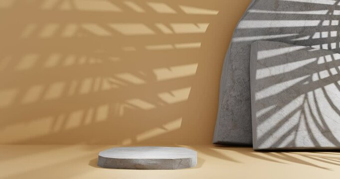 product showcase podium, 3d video with copy space. stone pedestal on brown background, wind shakes the palm tree