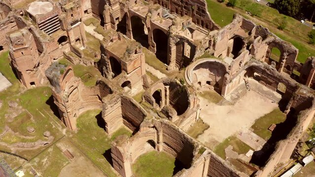 Aerial view of Baths of Caracalla located in Rome, Italy. They were important thermae and public baths of ancient Rome and today they are a visitable monument.