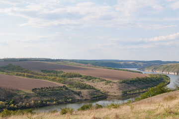 Magnificent aerial view, of the Dniester River with picturesque banks. Bakota
