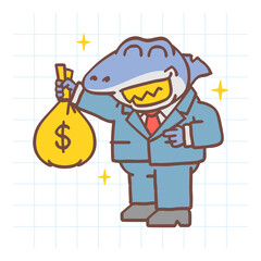 Shark holding bag of money and smiling. Hand drawn character. Vector Illustration