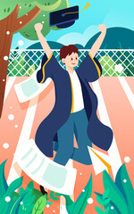 Graduation photo of student wearing bachelor uniform with playground and plants in background, vector illustration