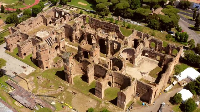 Aerial view of Baths of Caracalla located in Rome, Italy. They were important thermae and public baths of ancient Rome and today they are a visitable monument.