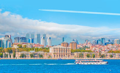 Airplane flying above the Dolmabahce palace - Istanbul, Turkey