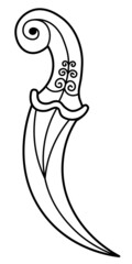 Outined vector drawing of ornamented curved fantasy dagger with spiral pommel and ivy plant engraving on grip. Medieval styled s-shaped knife. Graphic illustration for logo, card poster, banner.