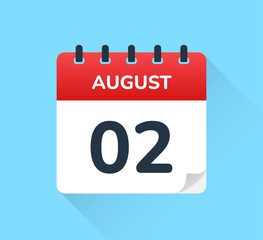 August 02 - Calendar page icon isolated on blue background. Date and month symbol.