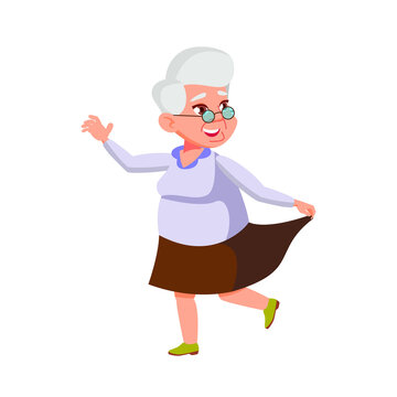 Elderly Grandmother Dancing Active Dance Vector. Caucasian Aged Lady Graceful Dance Performance On Birthday Party. Smiling Character Festival Funny Leisure Time Flat Cartoon Illustration