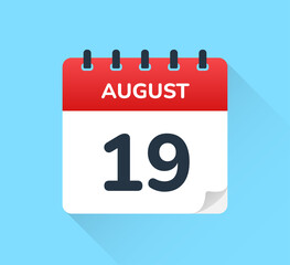 August 19. Vector flat daily calendar icon. Date and time, day, month.