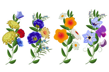 Set of four composition with different flowers, branch, leaves. Warm bright colors. Vector illustration.