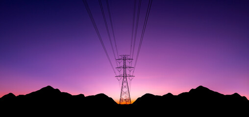 Panorama Silhouette industrial electric pole,street light post, electric pole and high voltage...